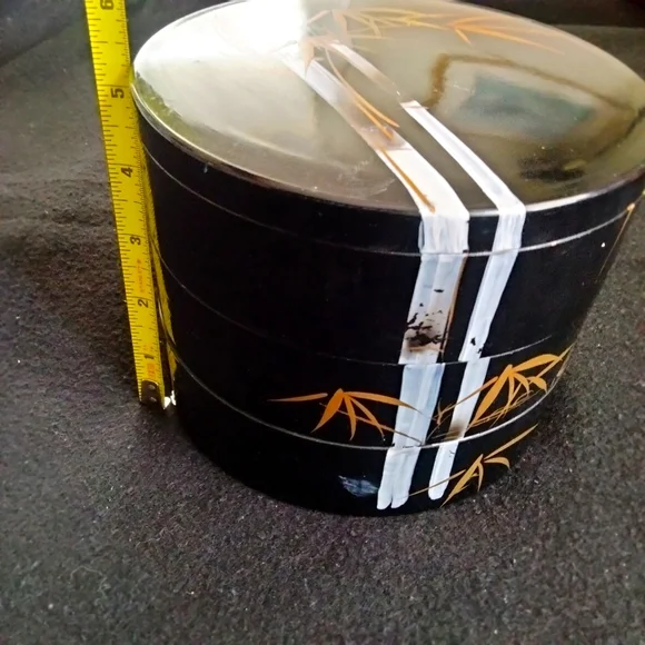 Trinket Jewelry Box Vintage Black Lacquer Acrylic 3 Tier Gold Hand Painted